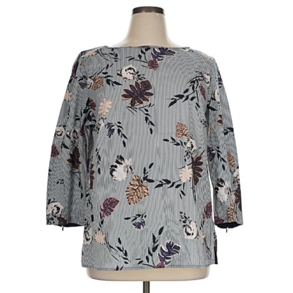 Lafayette 148 Women Striped Floral Top 16 Blue White Boat Neck Zip Cuff Blouse